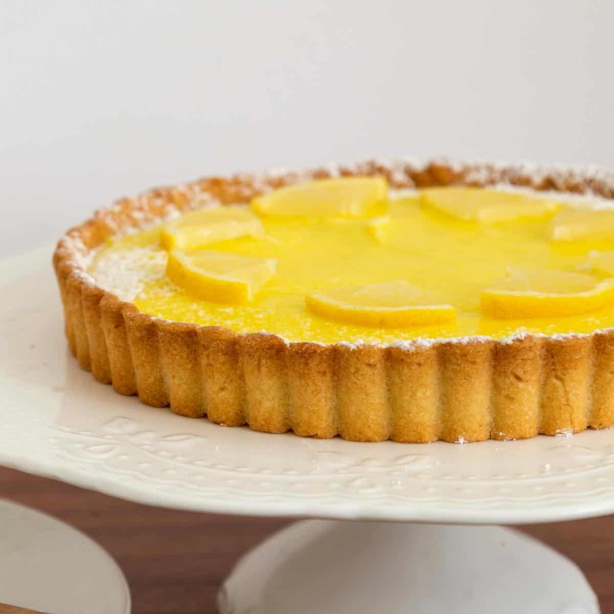 A lemon tart using shortcrust pastry.