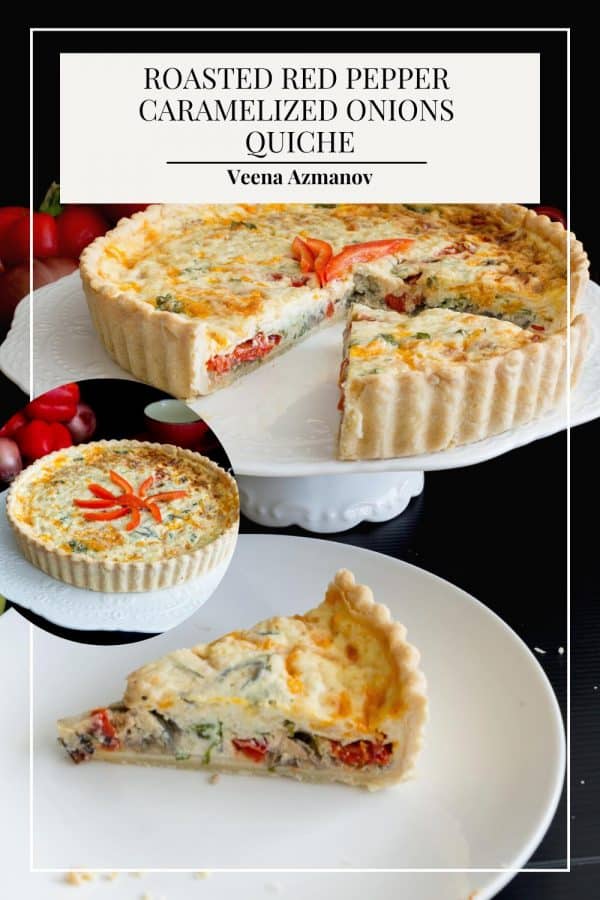Pinterest image for baked quiche with roasted red peppers.