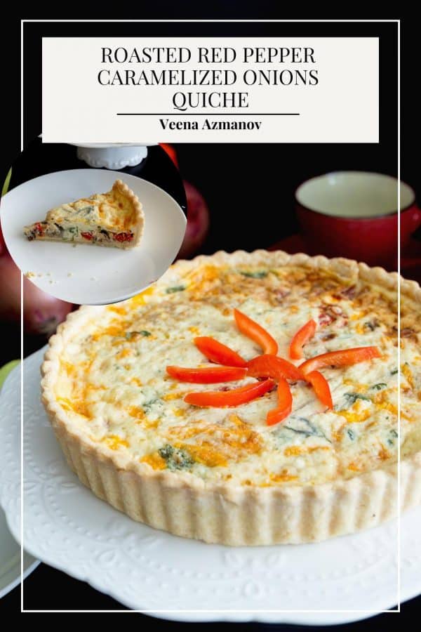 Pinterest image for baked quiche with roasted red peppers.