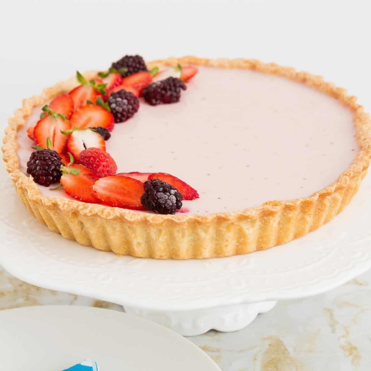 A tart with panna cotta made using strawberries