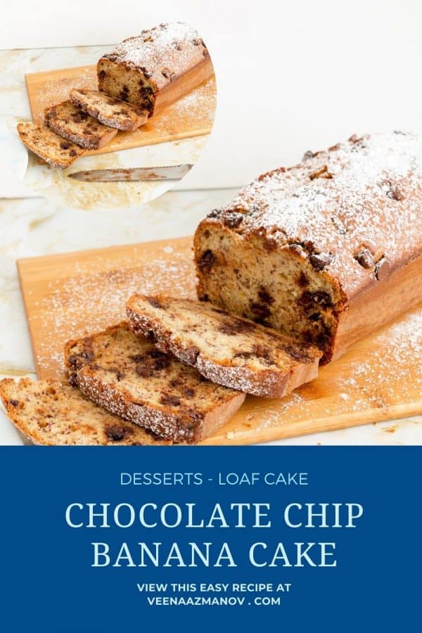 Pinterest image for banana cake with chocolate chips.