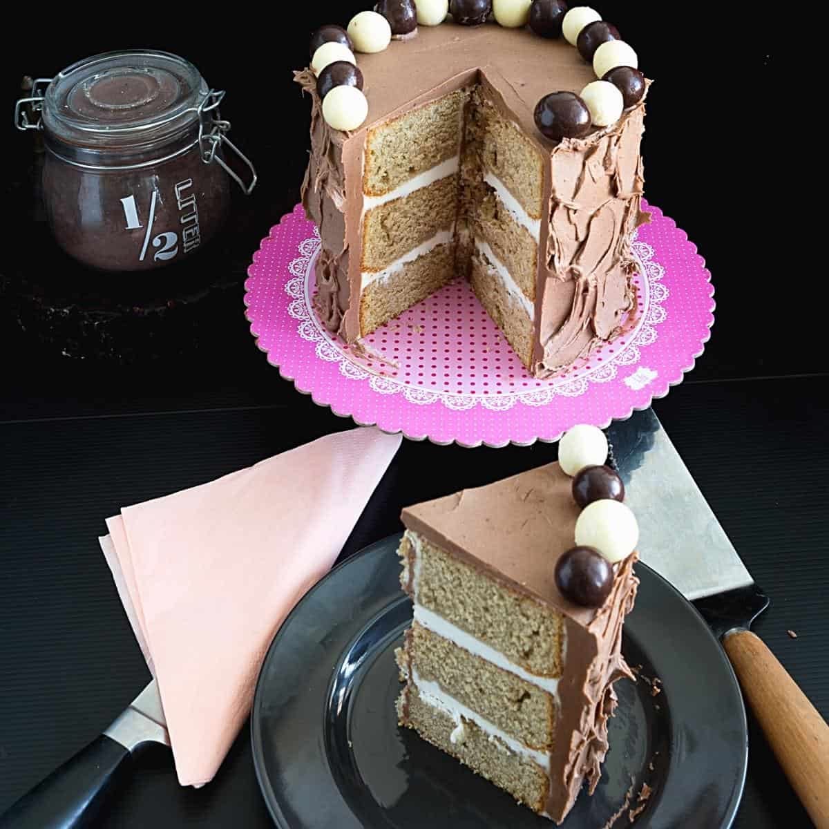 A sliced layer cake.
