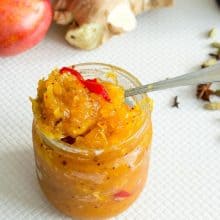 a mason jar with mango chutney.