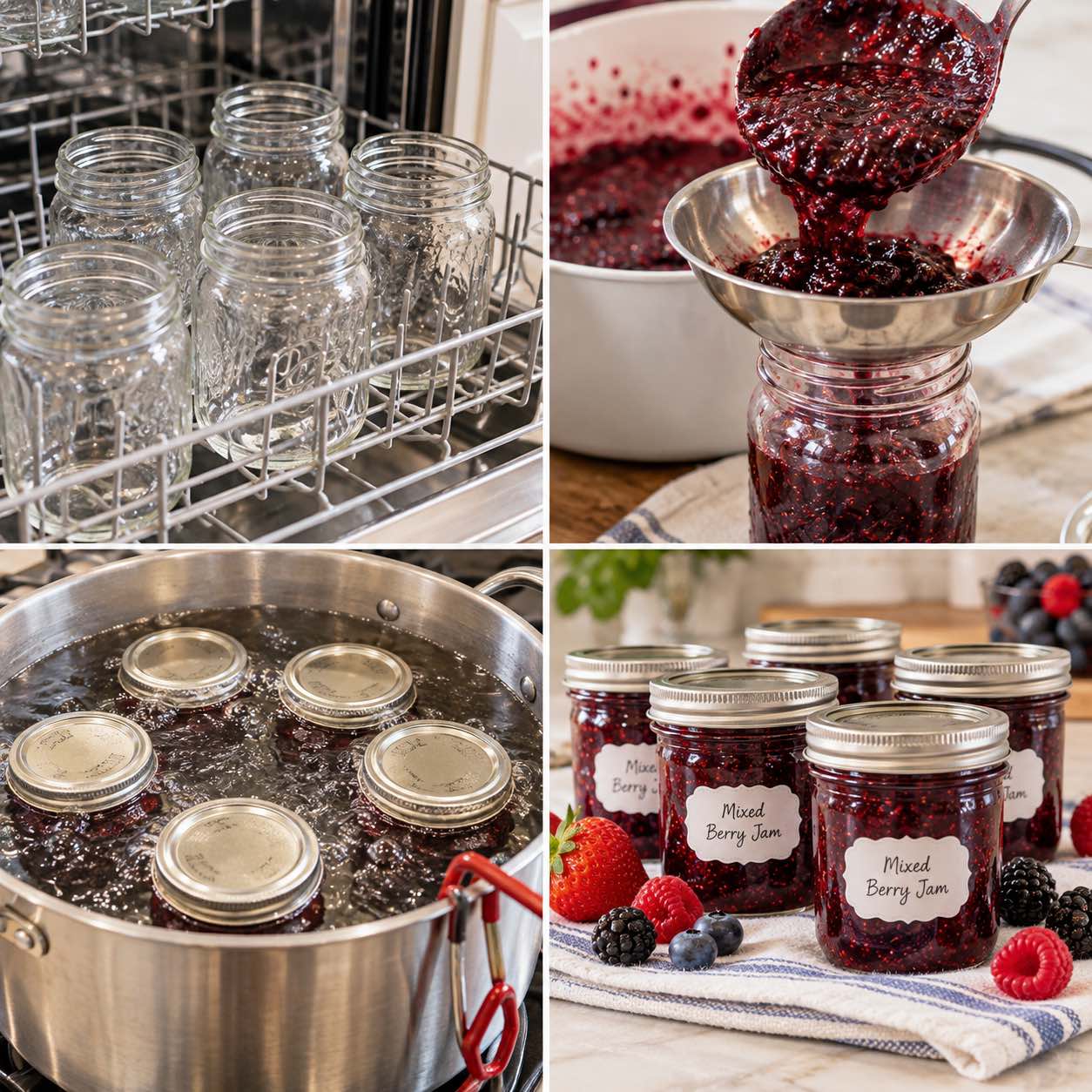 Process pictures canning the mixed berry jam.