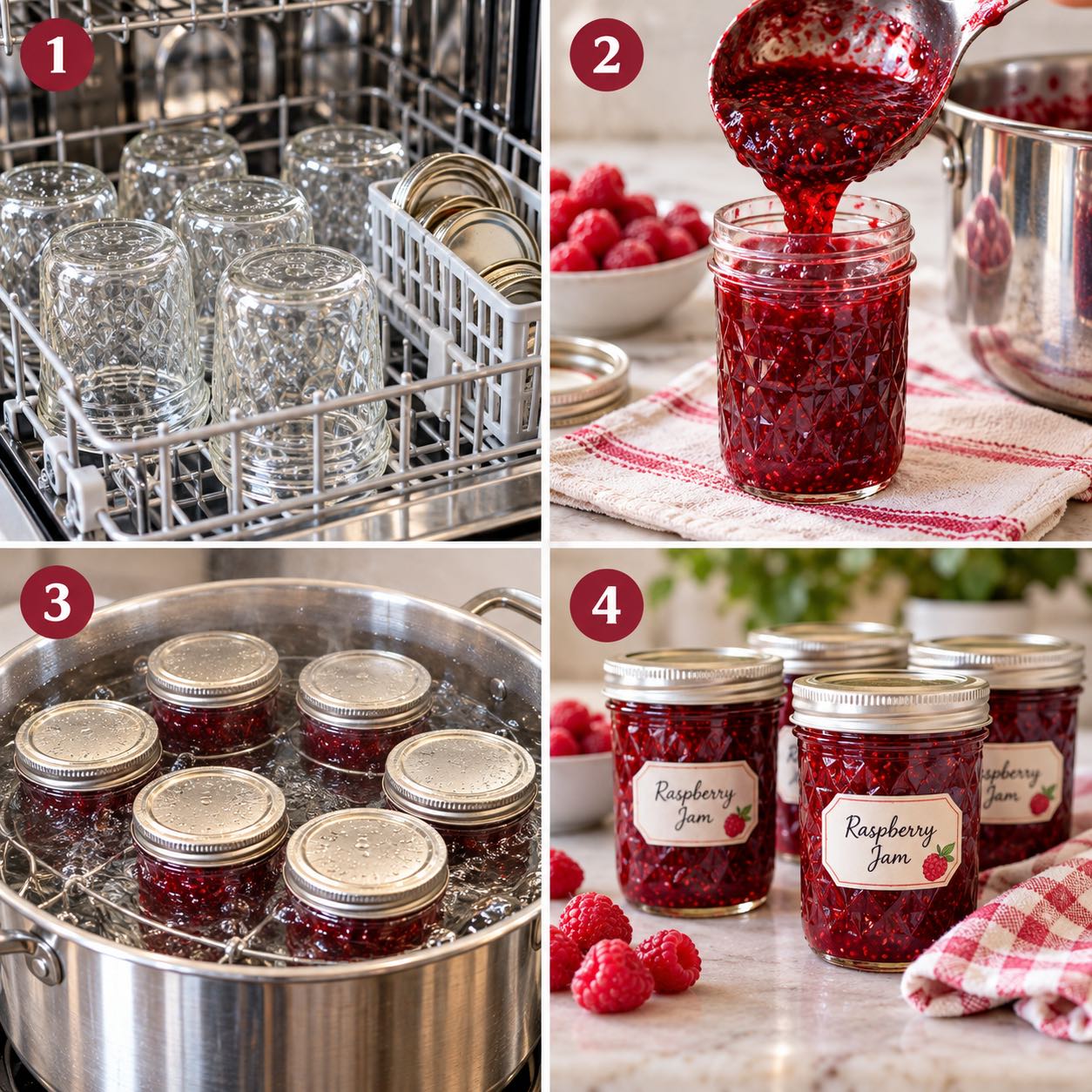 Pinterest image for raspberry jam homemade old fashion with low sugar and no pectin.