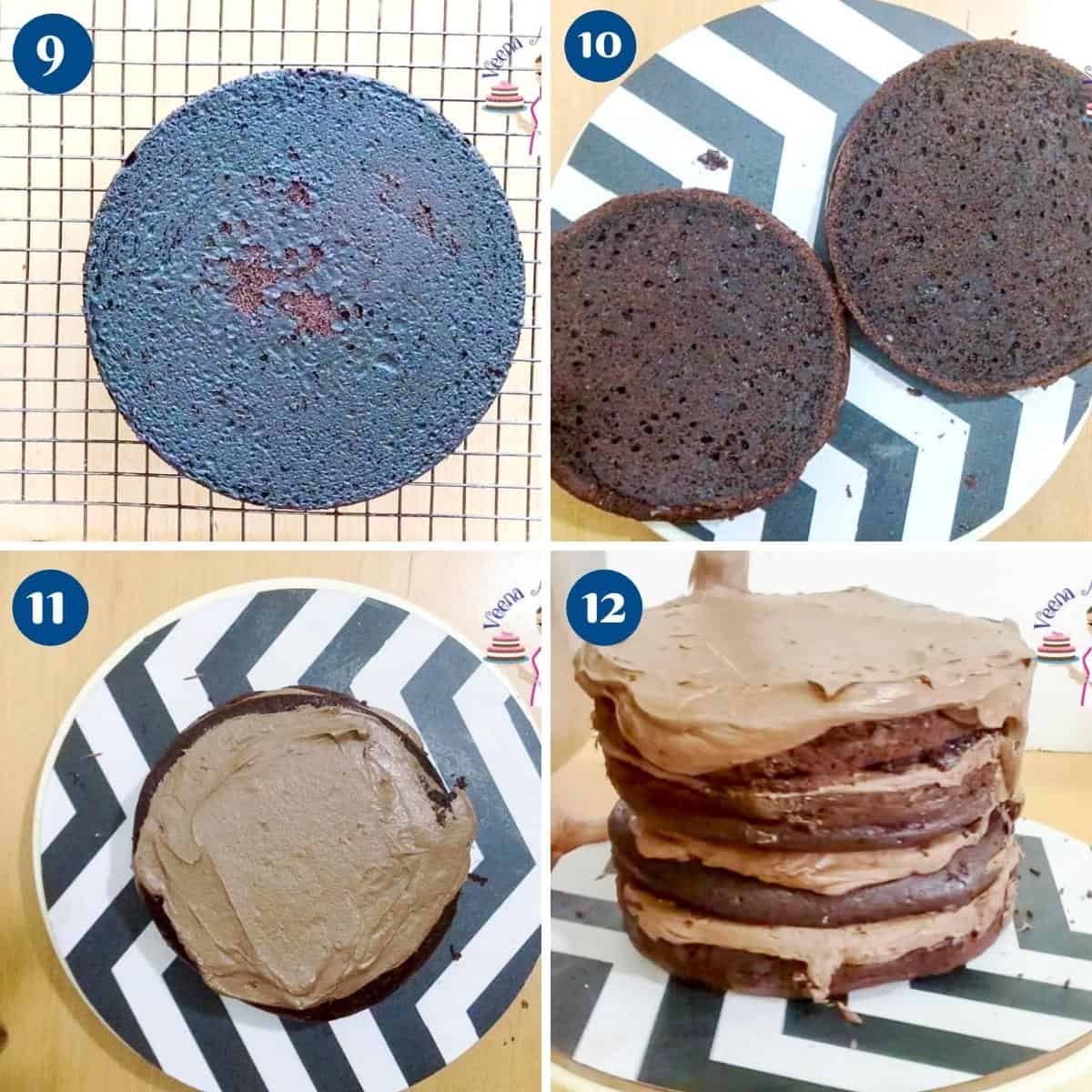 Progress pictures collage for fudgy chocolate cake.