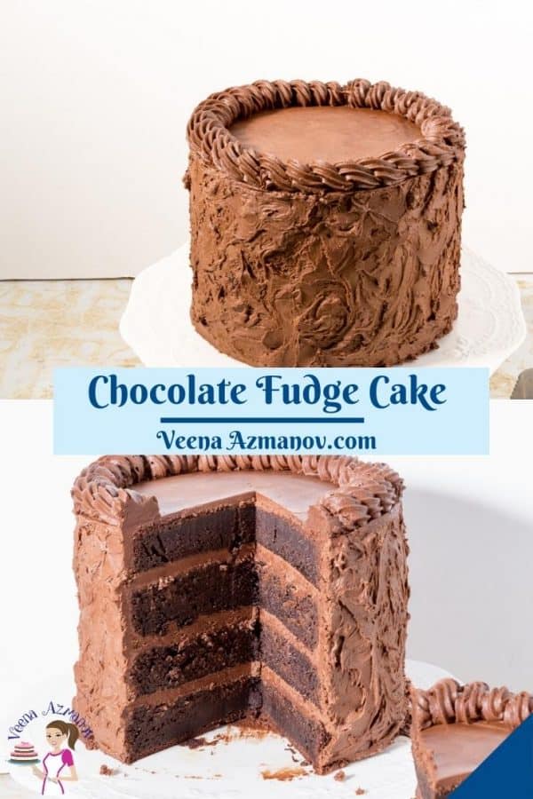 Pinterest image for chocolate fudge cake.