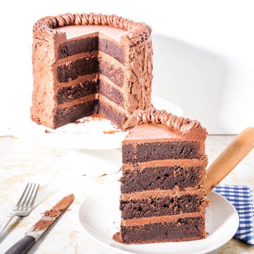 A slice of chocolate cake.