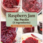 Pinterest image for raspberry jam homemade old fashion with low sugar and no pectin.