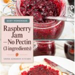 Pinterest image for raspberry jam homemade old fashion with low sugar and no pectin.