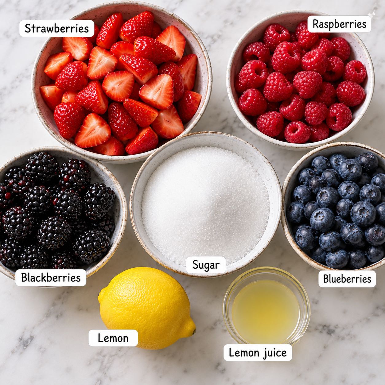 Ingredients for making mixed berry bumblerry jam.