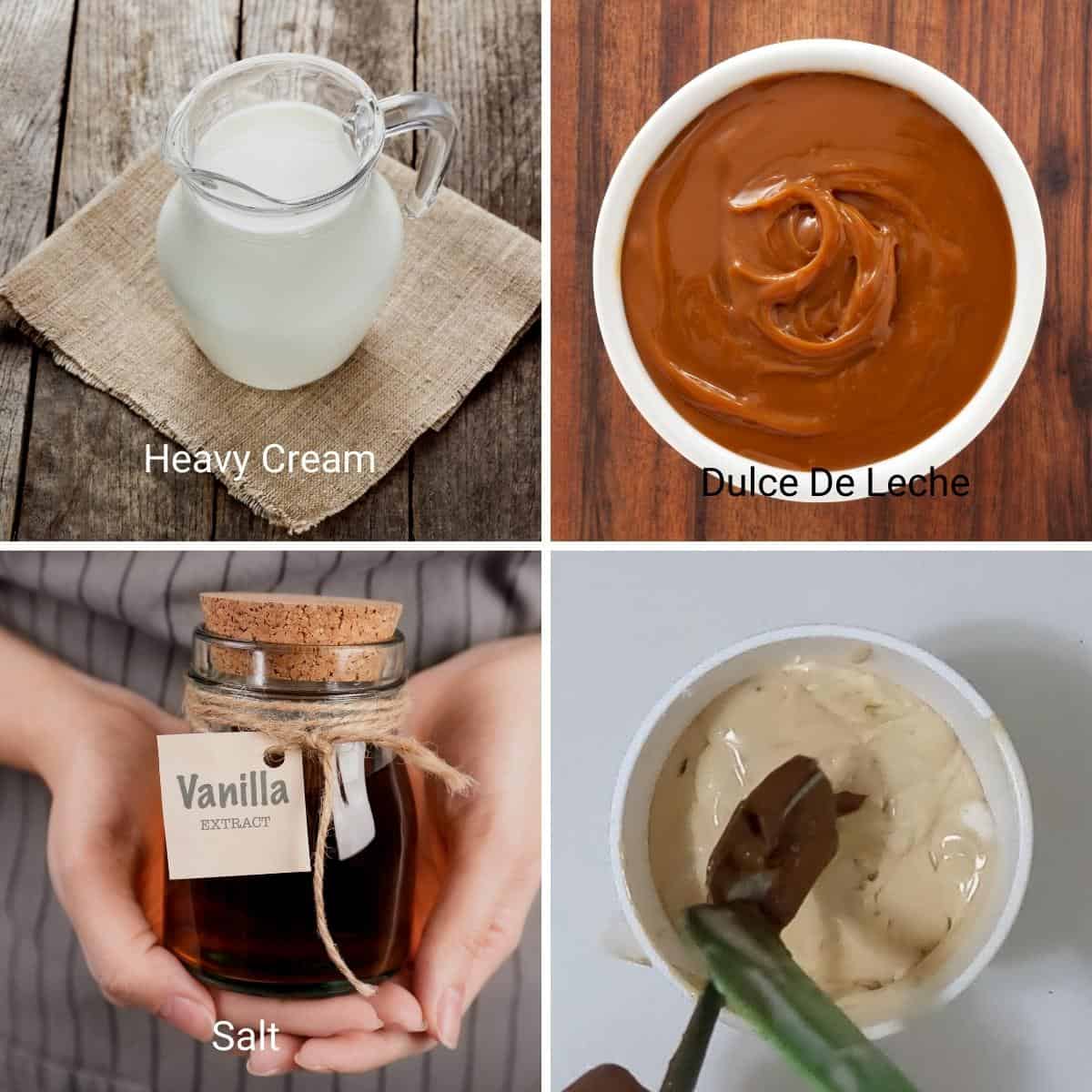 Ingredients for making ice cream with dulce de leche.