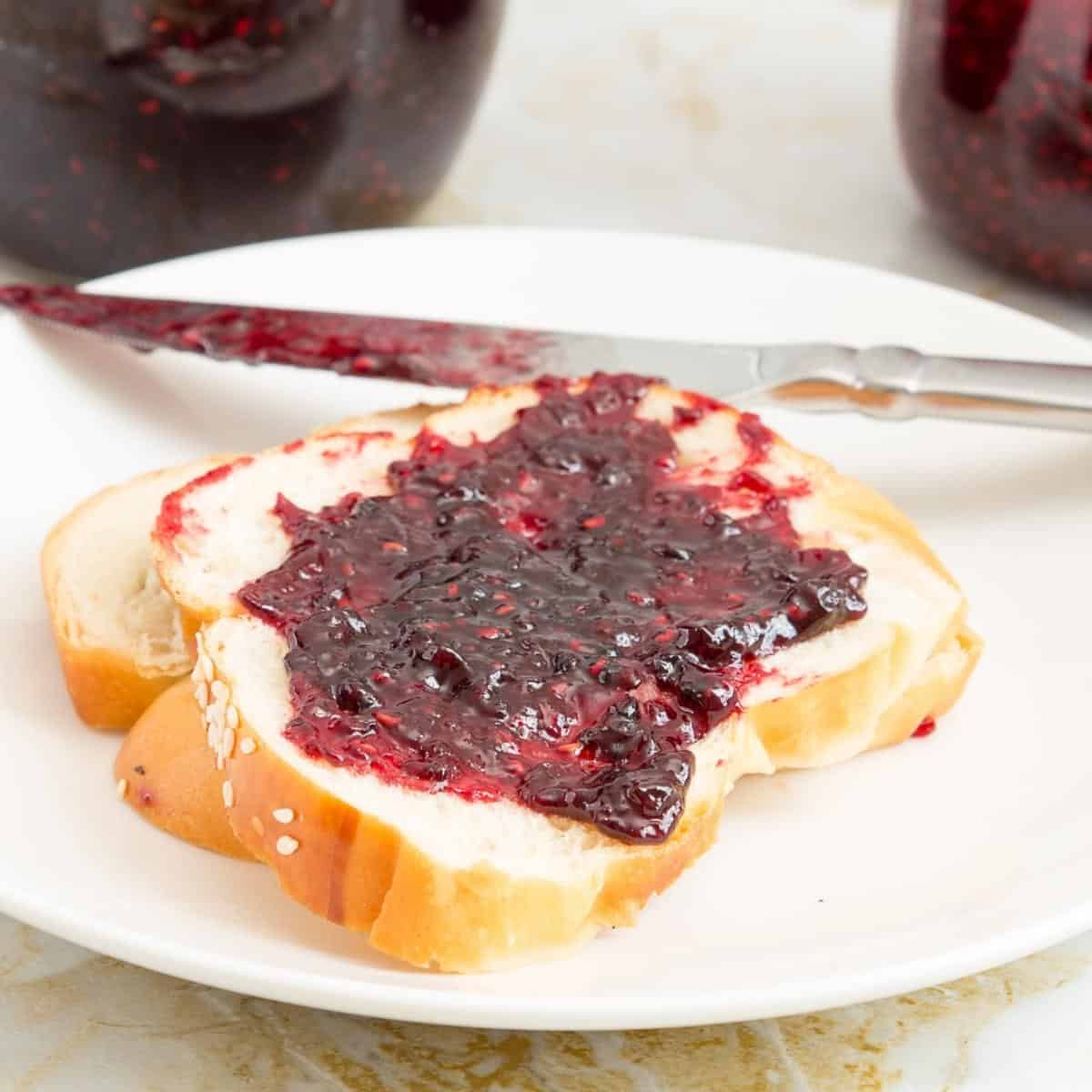 Slice of bread with berry jam.