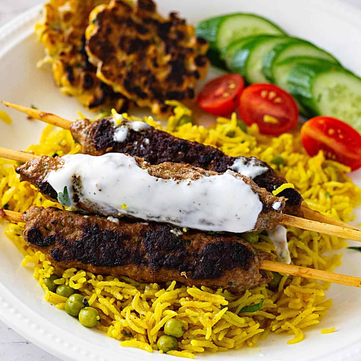 Moroccan kabobs on rice.