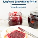 A slice of bread with no pectin raspberry jam.