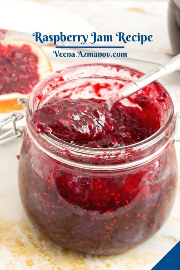 Pinterest image for jam with raspberries.