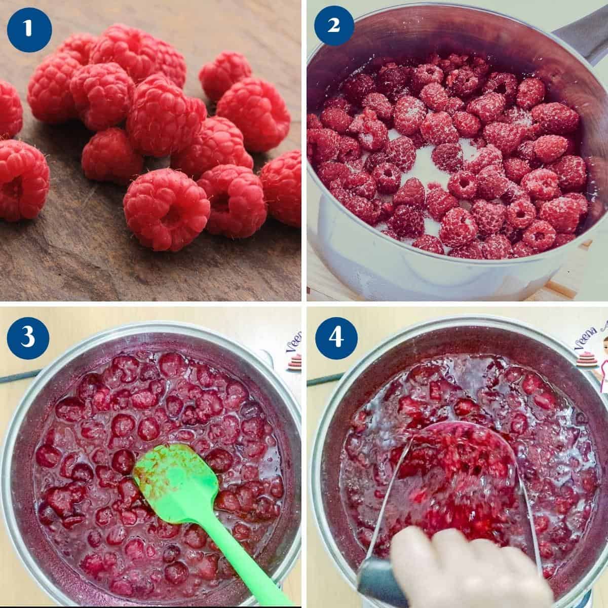 Progress pictures - jam with raspberries.