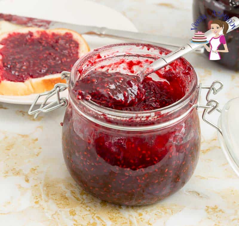 Raspberry jam in a jar.