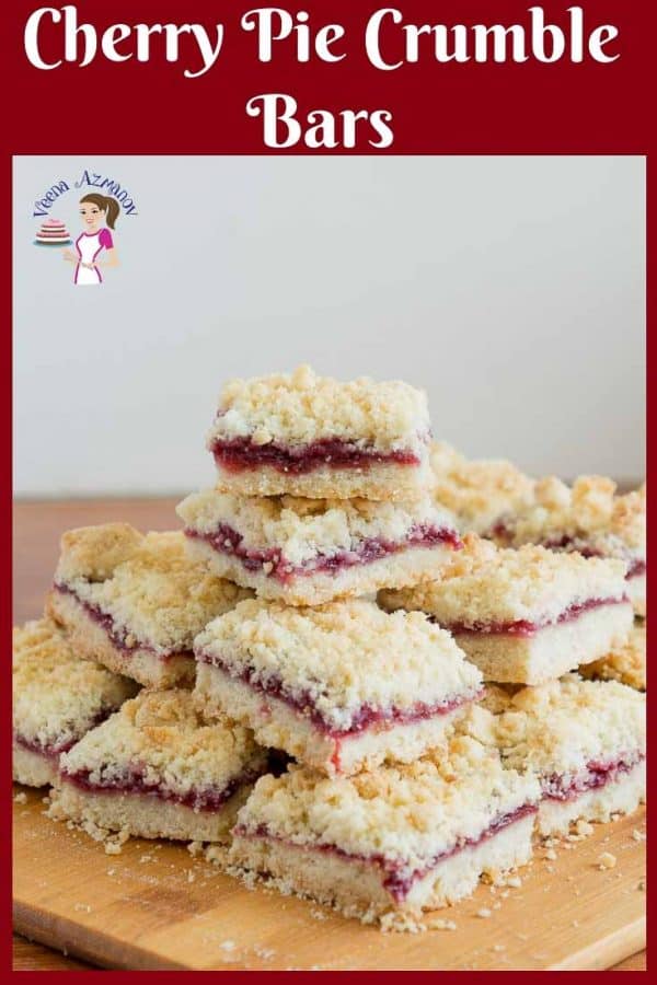 A stack of cherry crumble squares on a table.
