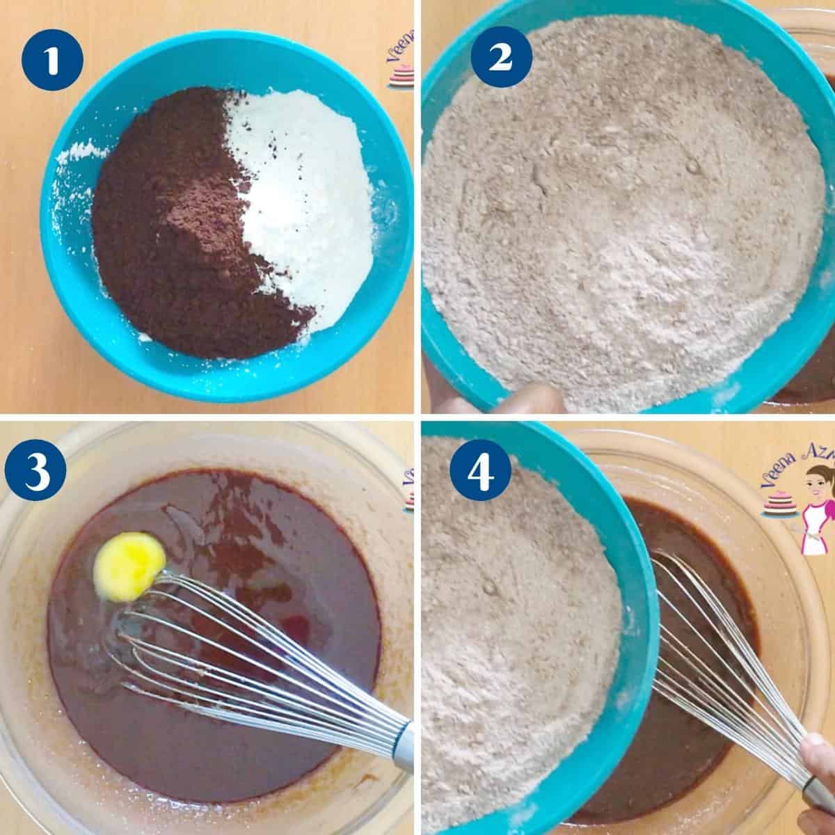 Progress pictures combine wet bater for chocolate cupcakes.