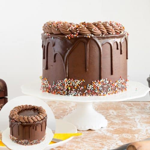 Decorated chocolate cake a white cake stand
