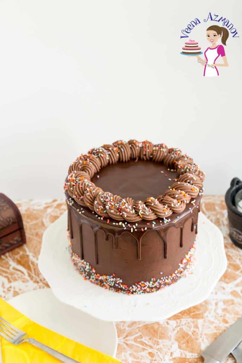 A chocolate cake on a stand.