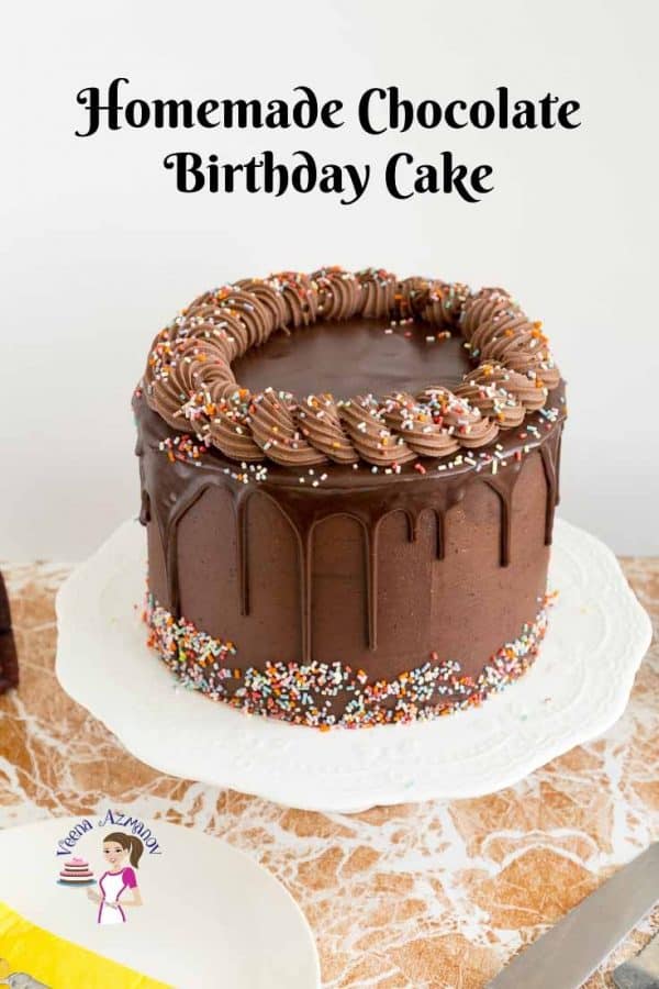 Homemade Birthday Cake all ready to be served with chocolate ganache drip