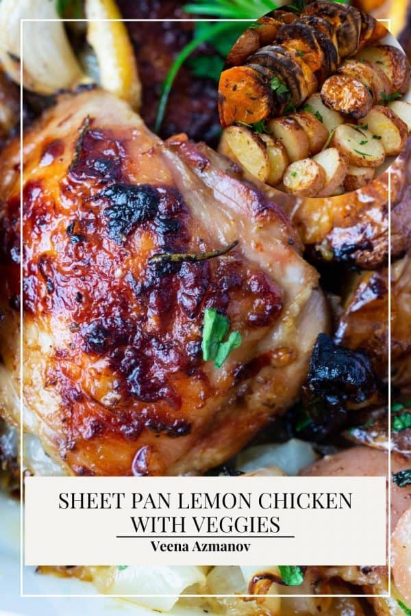 Pinterest image for lemon chicken in a sheet pan.