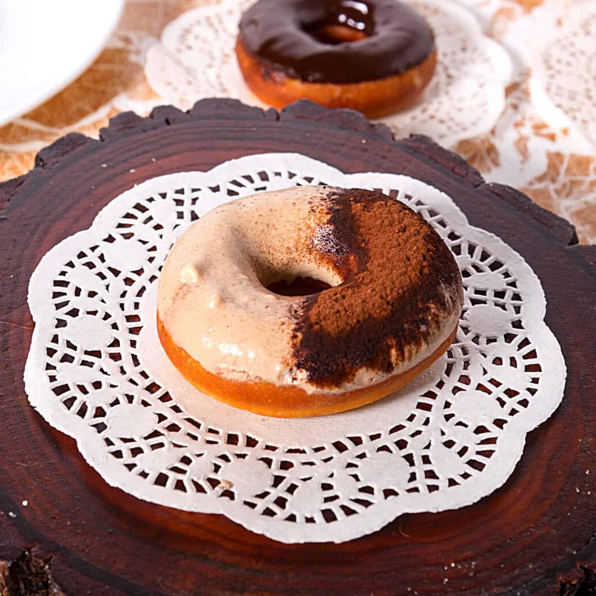 A glazed donut with tiramisu.