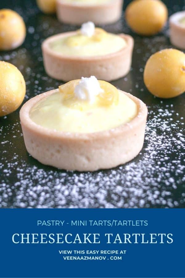 Pinterest image for cheesecake tarts with lemon curd.