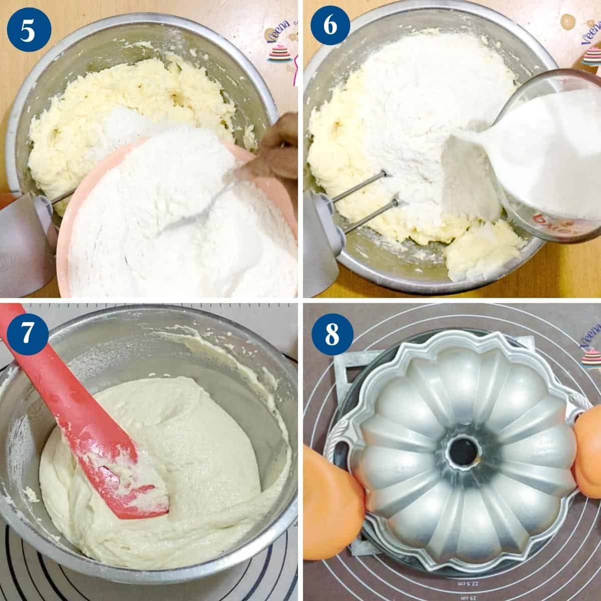 Progress pictures collage for pound cake with cream cheese.