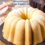 Pinterest image for pound cake on a black plate.