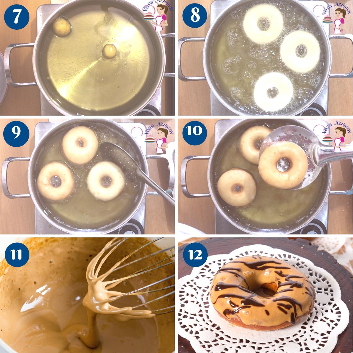 Progress pictures for making dulce de leche donuts.