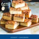 Pinterest image for blondies with pecan pie filling.