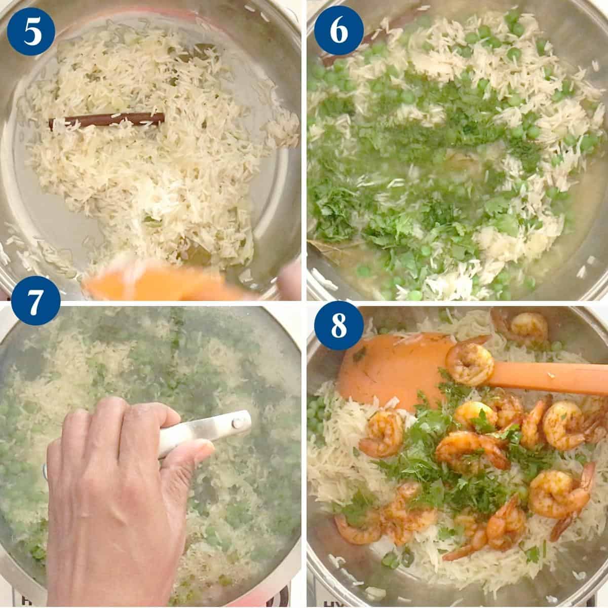 Progress pictures collage making the rice with shrimps.
