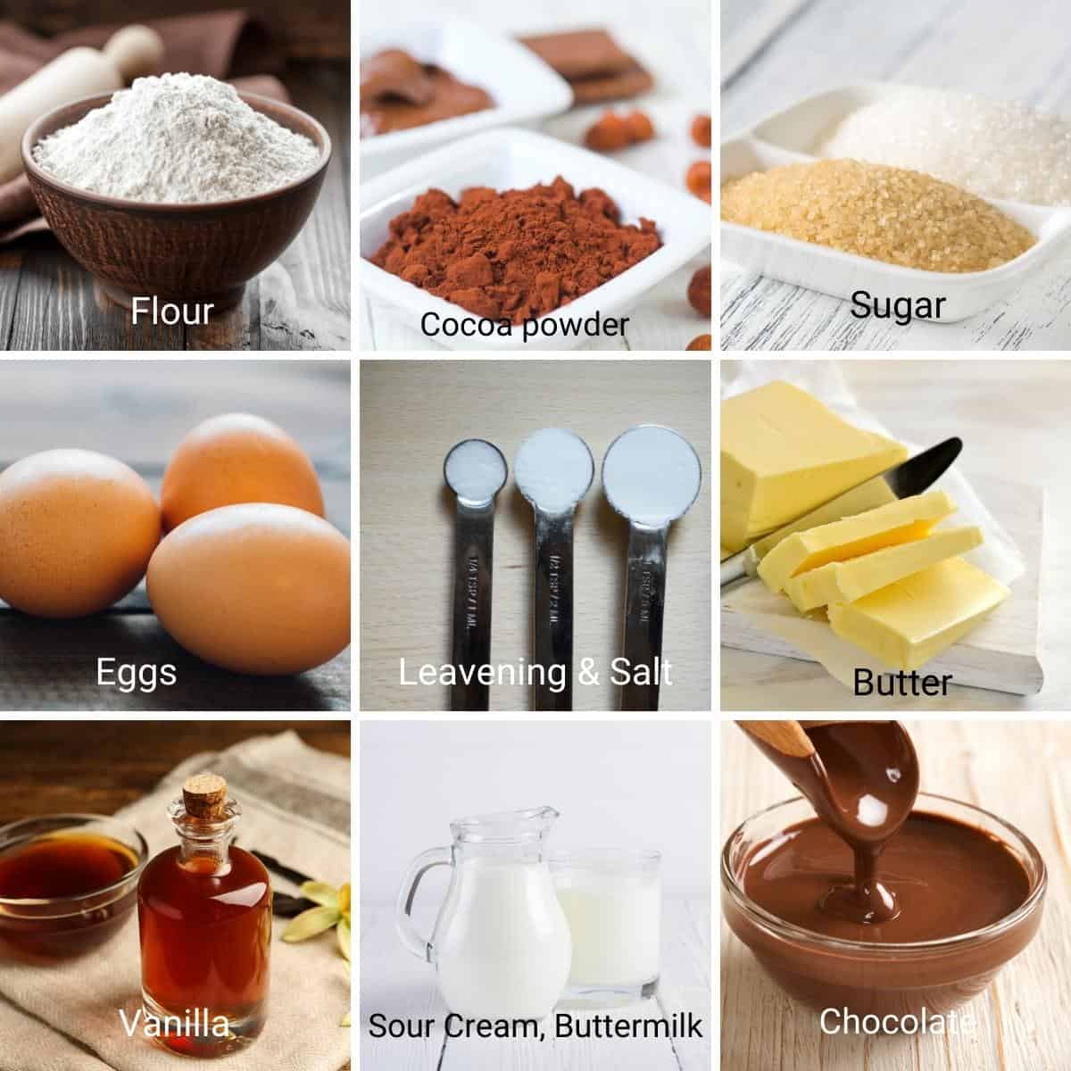 Ingredients shot collage for death by chocolate cake.