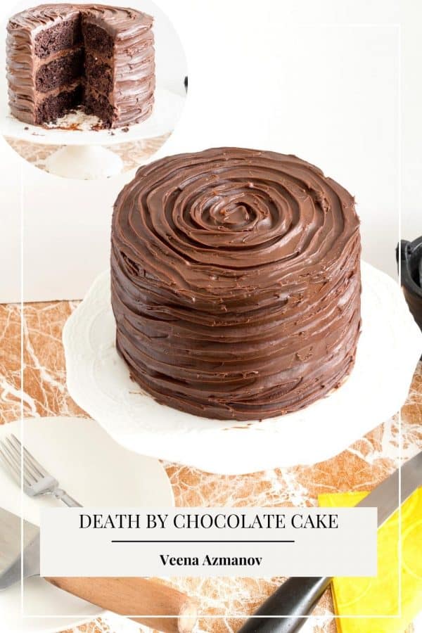 Pinterest image for a frosted chocolate cake.