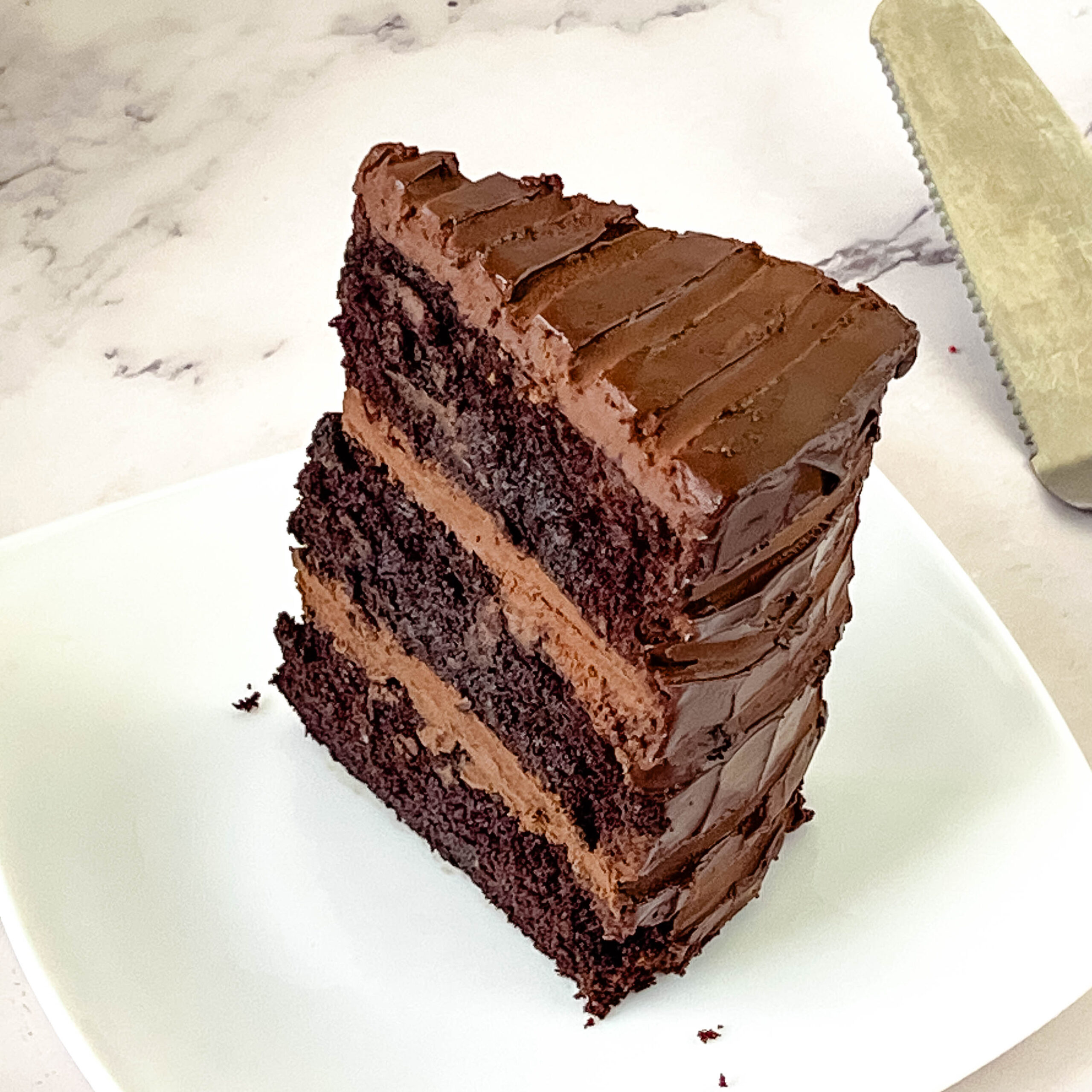 A slice of death by chocolate cake on a plate.