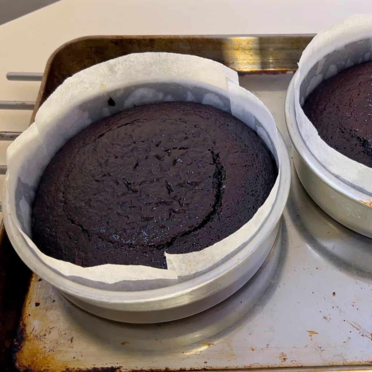 Baked cake pans with death by chocolate cakes.