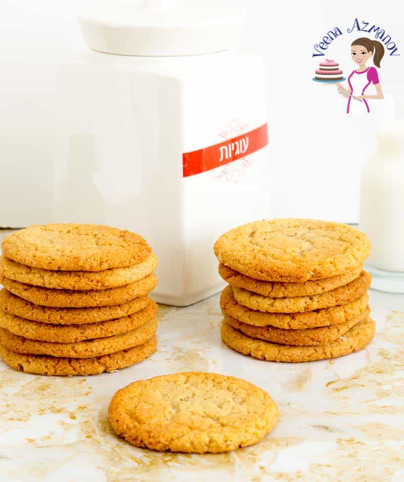 A stack of cookies on a table.