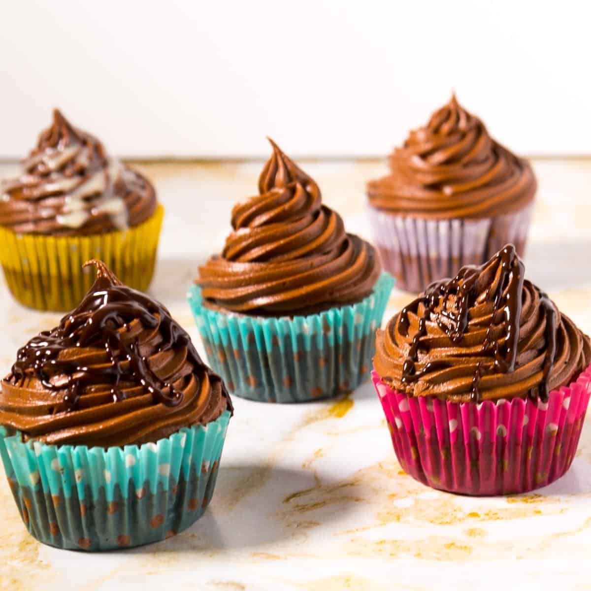 Five frosted chocolate cupcakes