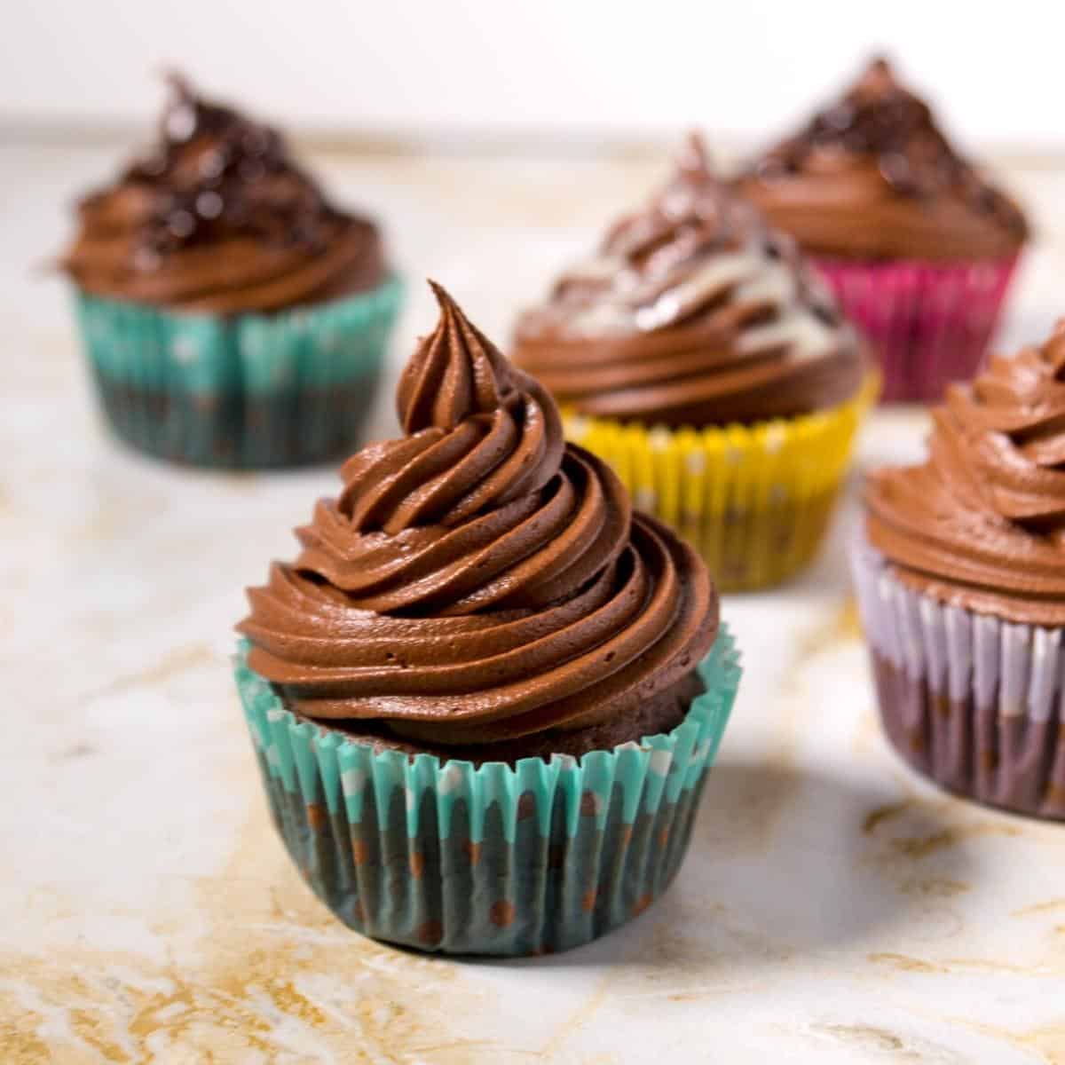 Five chocolate frosted cupcakes
