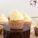 Frosted cupcake on a stand.