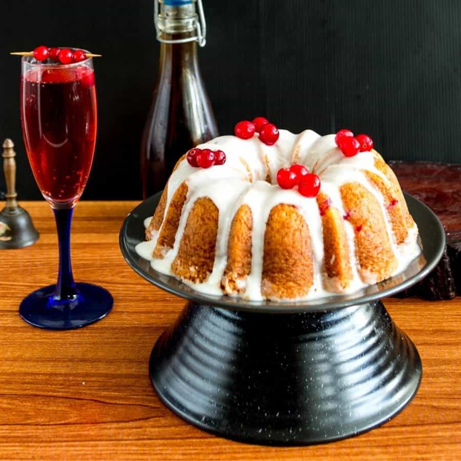 A bundt cake on a cake sstand.