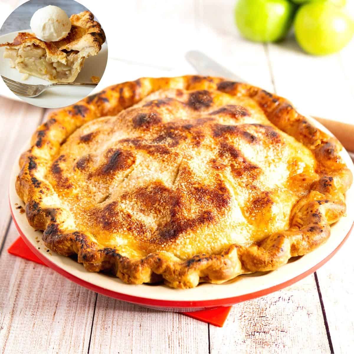 A pie in a pie pan with apples.