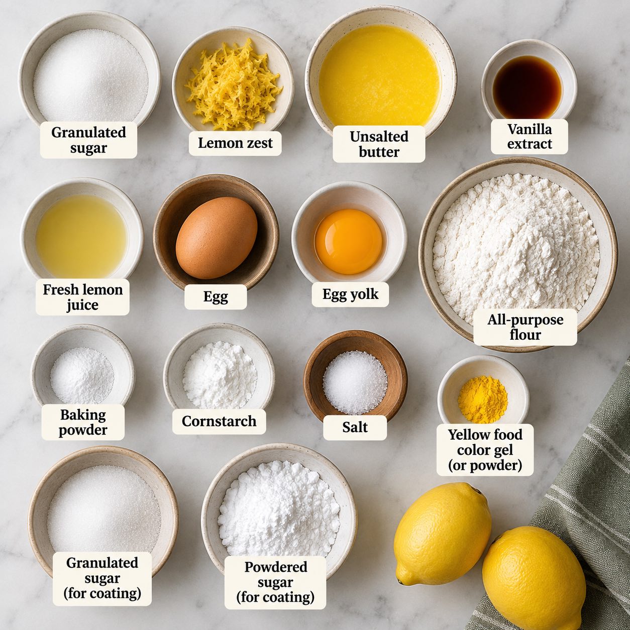 Ingredients for making lemon crinkle cookies.