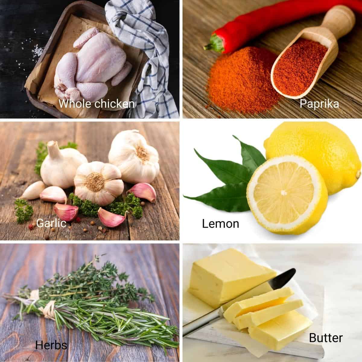 Ingredients for roasting a whole chicken in the oven.