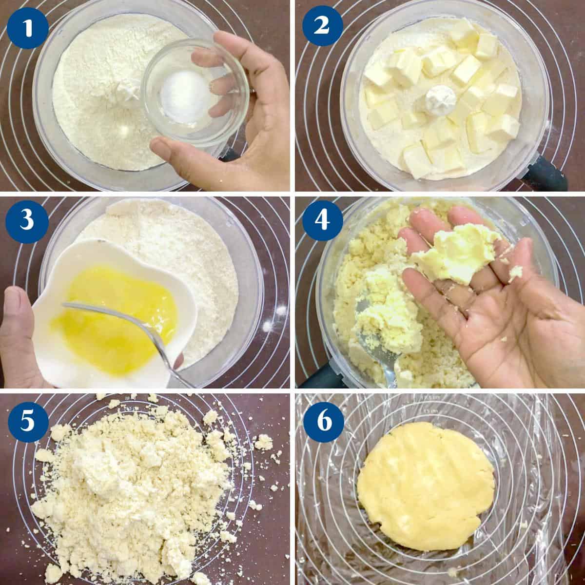 Progress pictures making quiche dough.