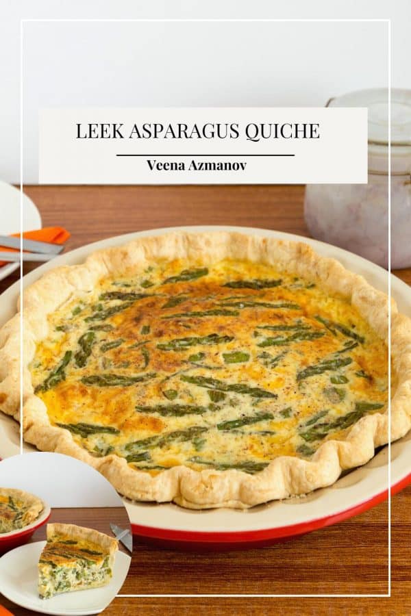 Pinterest image for quiche with leeks and asparagus.