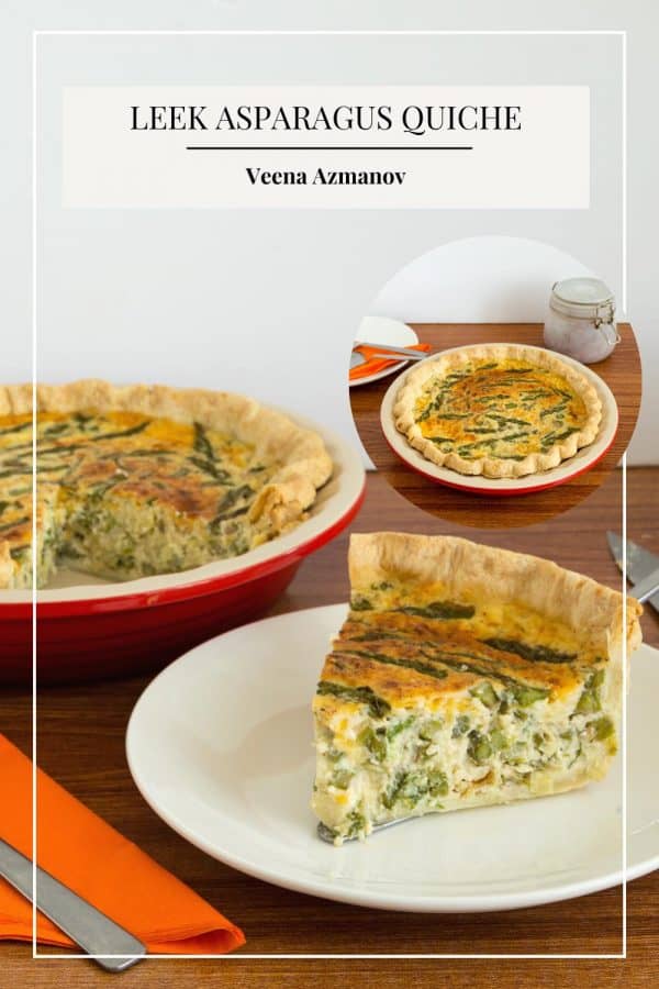 Pinterest image for quiche with leeks and asparagus.